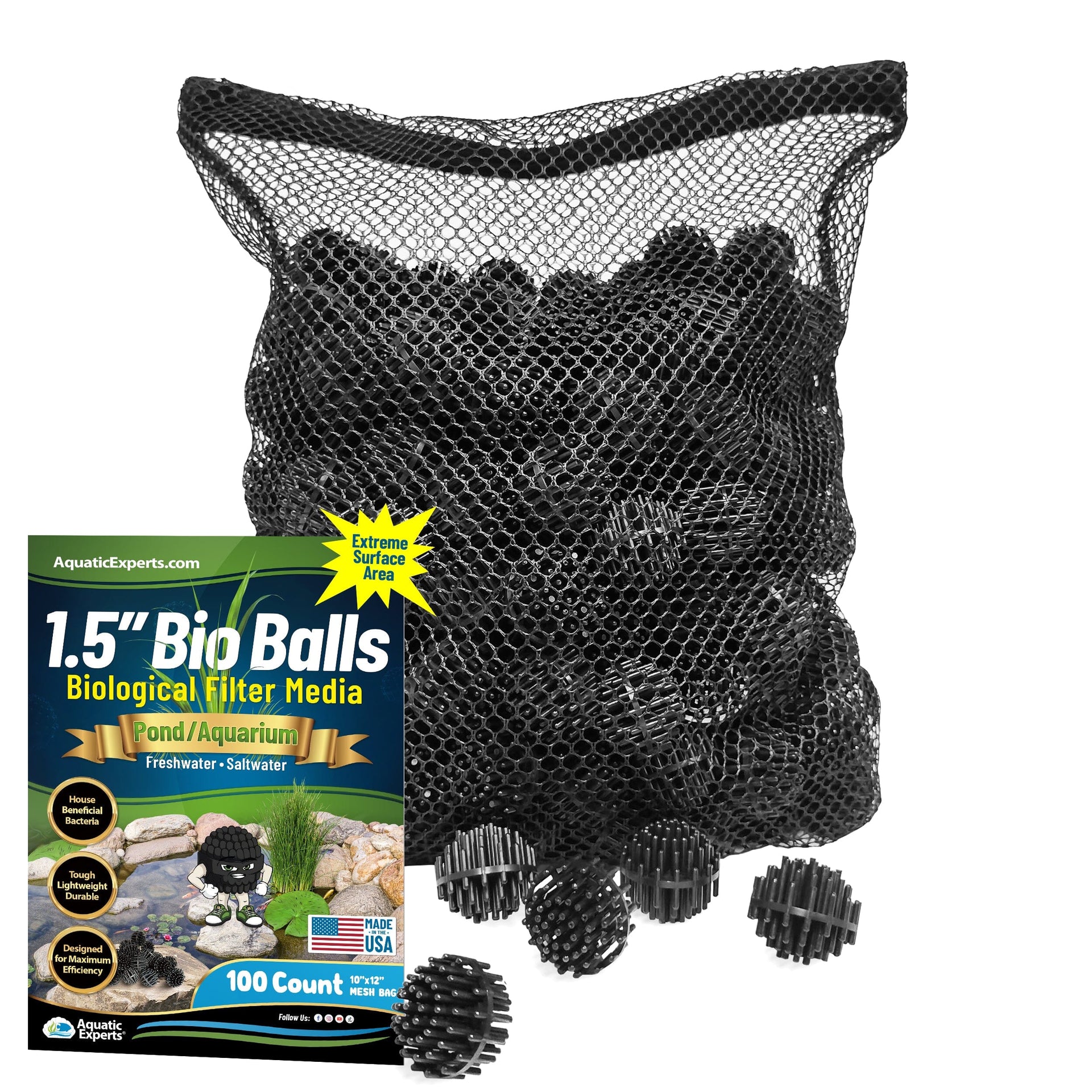 Bio Balls Filter Media - 1.5 Inch Large Bio Ball for Pond Filter - Perfect Bio Balls for Pond Filter Media – Made in The USA Bio balls Aquatic Experts 100ct with 10"x12" Mesh Bag 