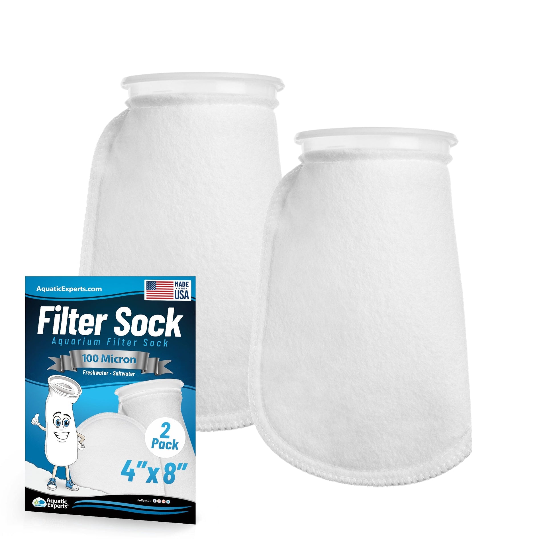 Aquarium Felt Filter Socks - 4 inch Ring, Threaded Seams, 100 Micron, Custom Made, Made in the USA Aquatic Experts 8" 2 Pack 