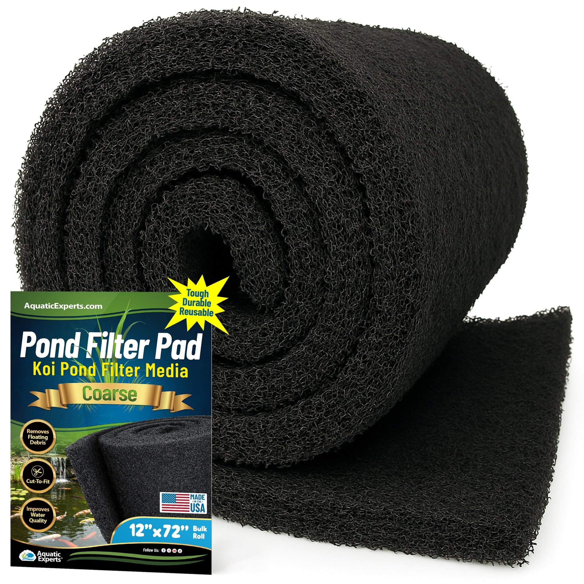 Classic Koi Pond Filter Pad COARSE - Black Bulk Roll Filter Media, Ultra-Durable Latex Coated for Fish Ponds Aquatic Experts 1" Thick 12" x 72" 