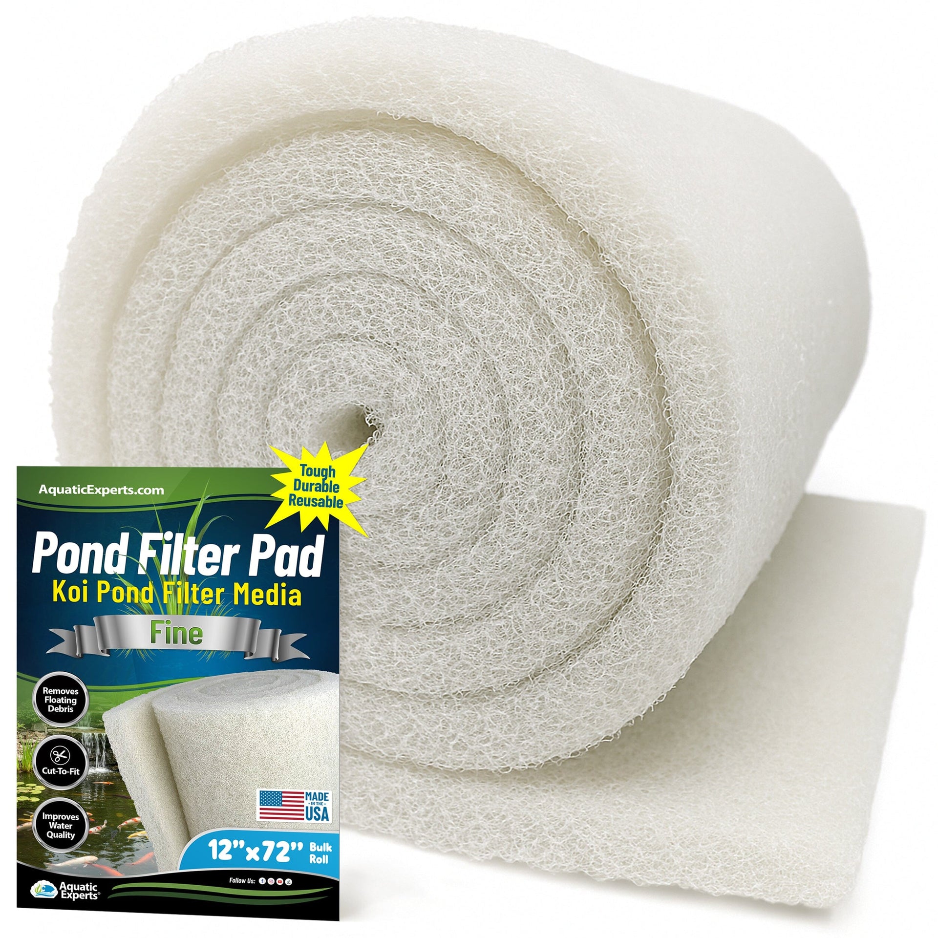 Classic Koi Pond Filter Pad FINE - White Bulk Roll Filter Media, Ultra-Durable for Fish Ponds - Made in USA Aquatic Experts 3/4 - 1 inch 12" x 72" 