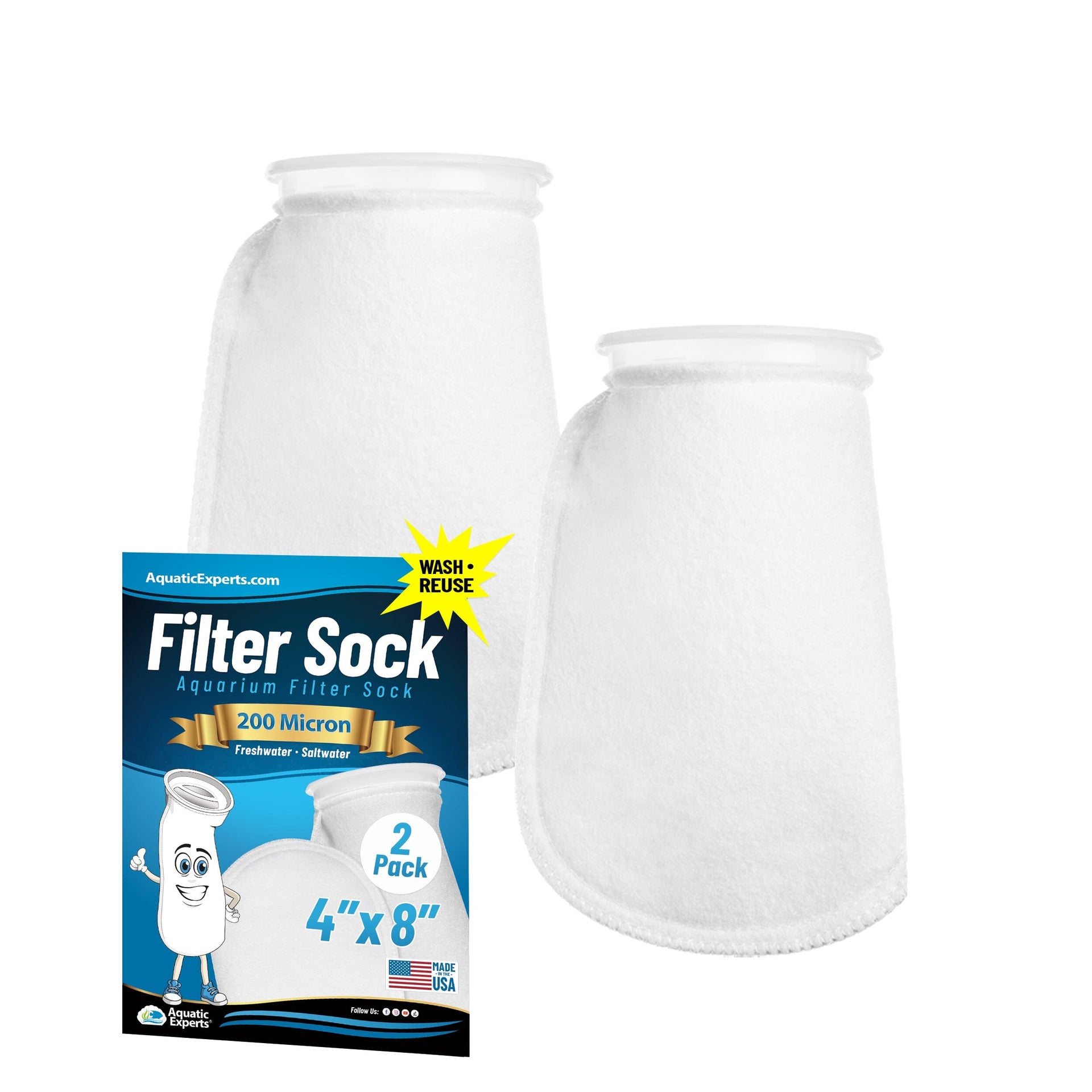 4" Ring Aquarium Filter Sock 200 Micron for Saltwater Aquariums | Aquatic Experts Aquatic Experts 8" 2 Pack 