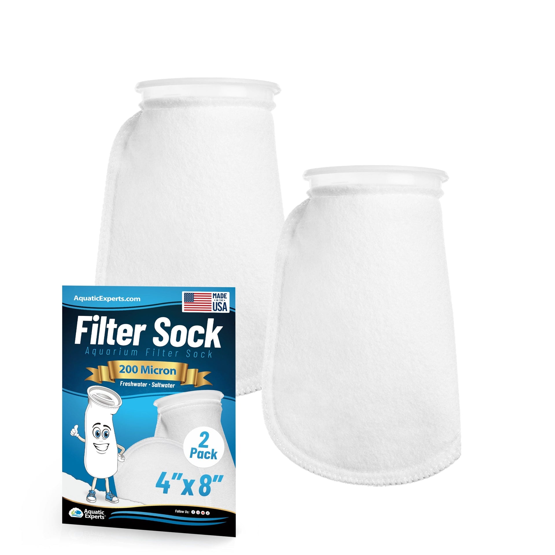 Aquarium Felt Filter Socks - 4 inch Ring, Threaded Seams, 200 Micron, Custom Made, Made in the USA Aquatic Experts 8" 2 Pack 