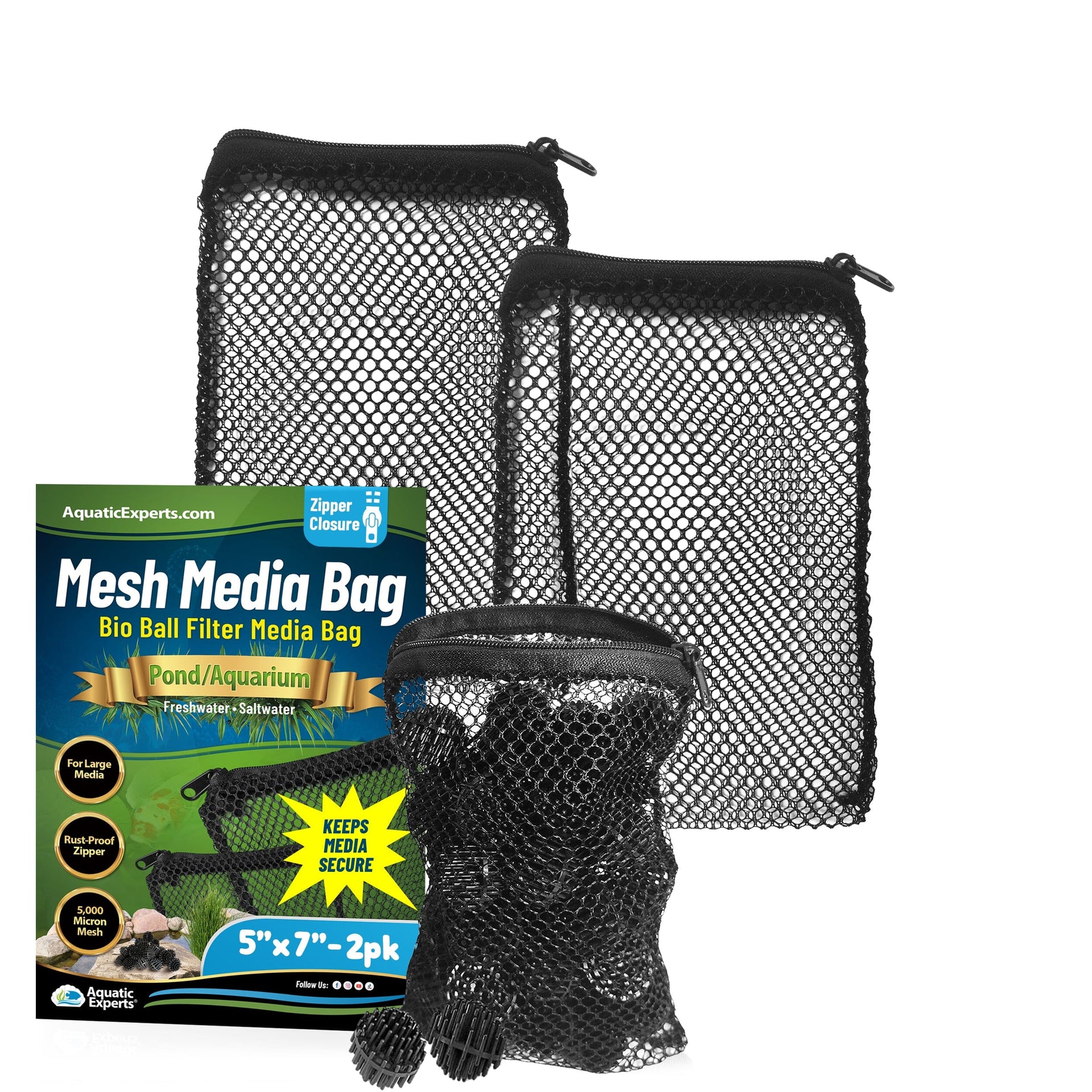 Mesh Bags for Bio Ball Filter Media - Ideal for Aquarium & Pond Filtration - Made in USA Mesh Media Bags Aquatic Experts 5" x 7" 2 Pack 