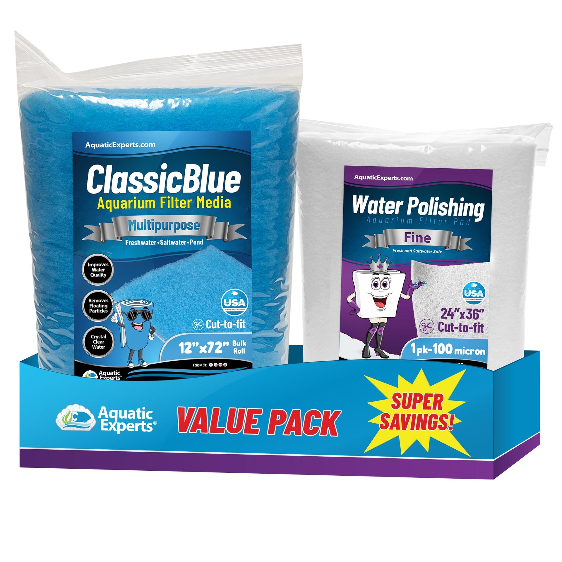 Classic Bonded Aquarium Filter Pad - Blue & White Aquarium Filter Media Roll Bulk, Customizable for Most Filters Aquatic Experts Value Pack ClassicBlue Combo 
