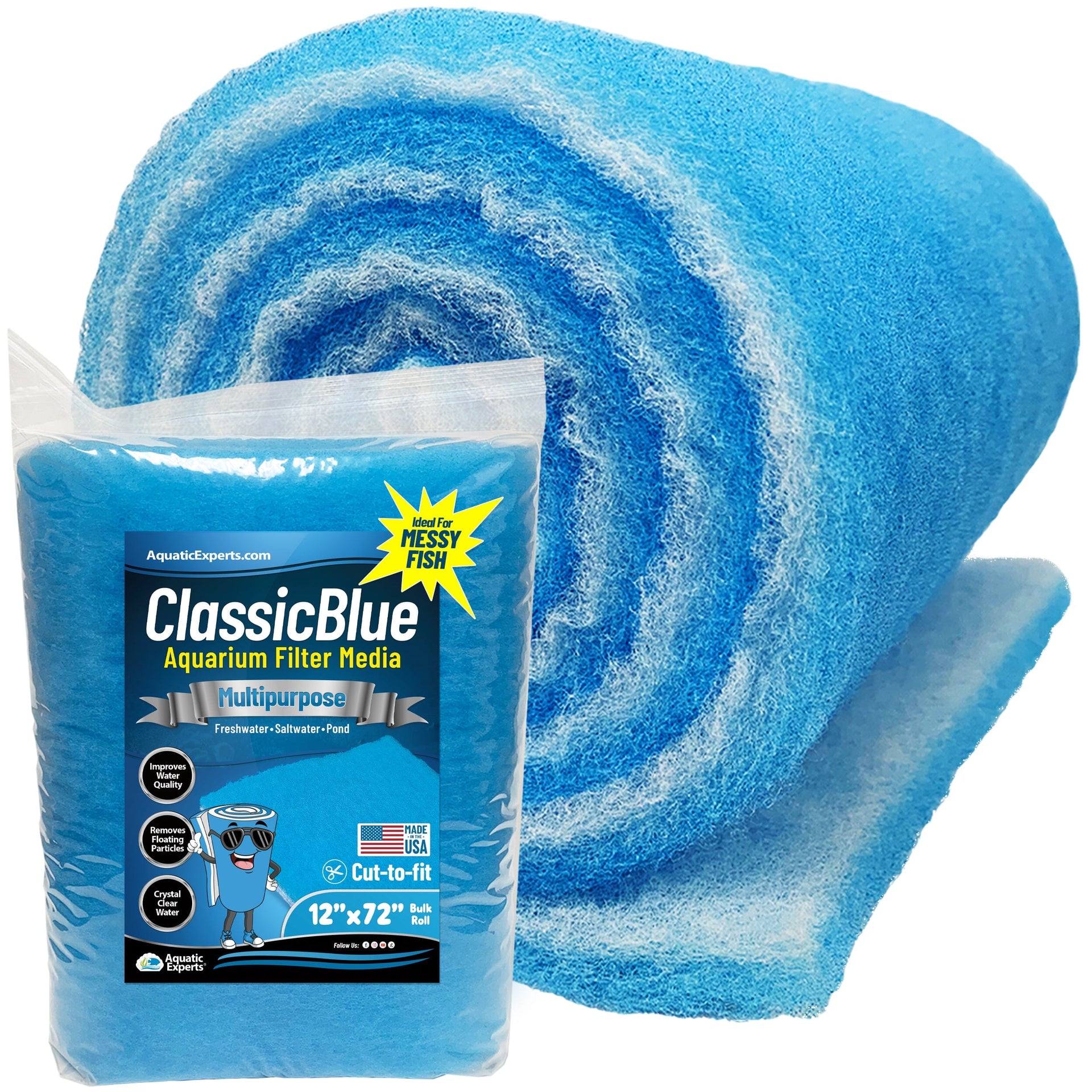 Classic Bonded Aquarium Filter Pad - Blue & White Aquarium Filter Media Roll Bulk, Customizable for Most Filters Aquatic Experts 3/4" 12" x 72" 