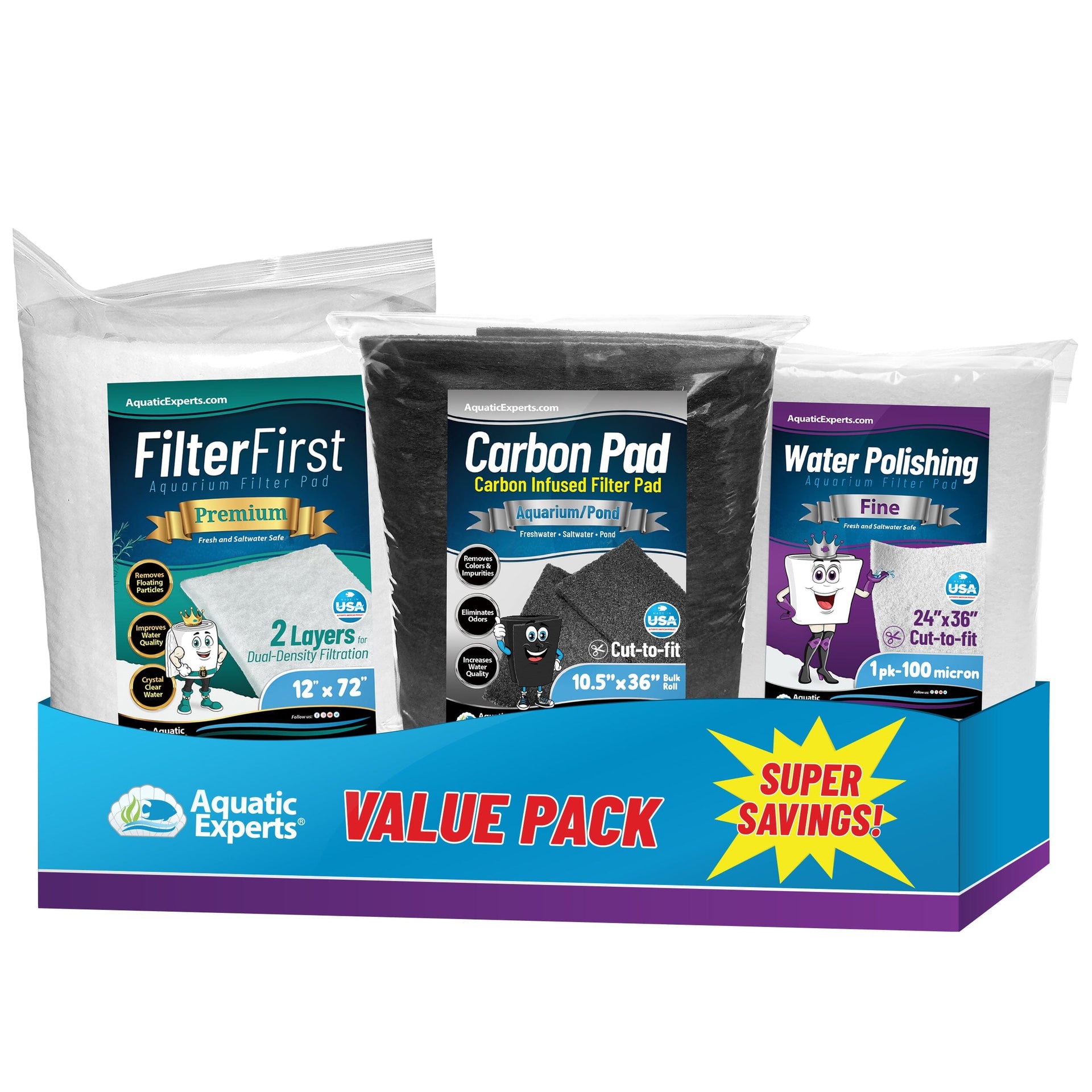 Aquarium Bundle - Carbon Filter 10.5"x36" + FilterFirst 12"x72"+ Polishing Pad 100 Micron Bundle Filter Pad Aquatic Experts 