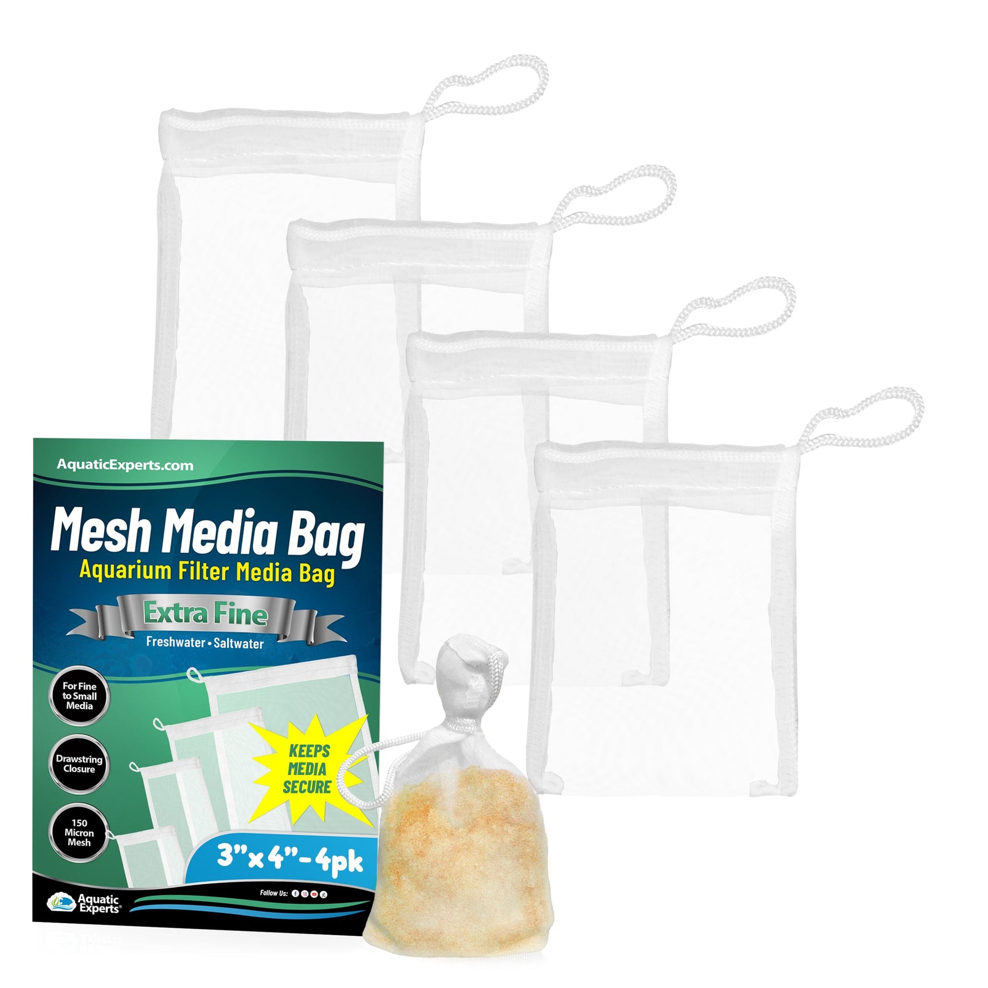 Aquatic Experts Aquatic Experts Aquarium Filter Bag - Extra Fine Mesh Media Bags - Ideal for Efficient Aquarium Filtration Aquatic Experts 3" x 4" 4 Pack 