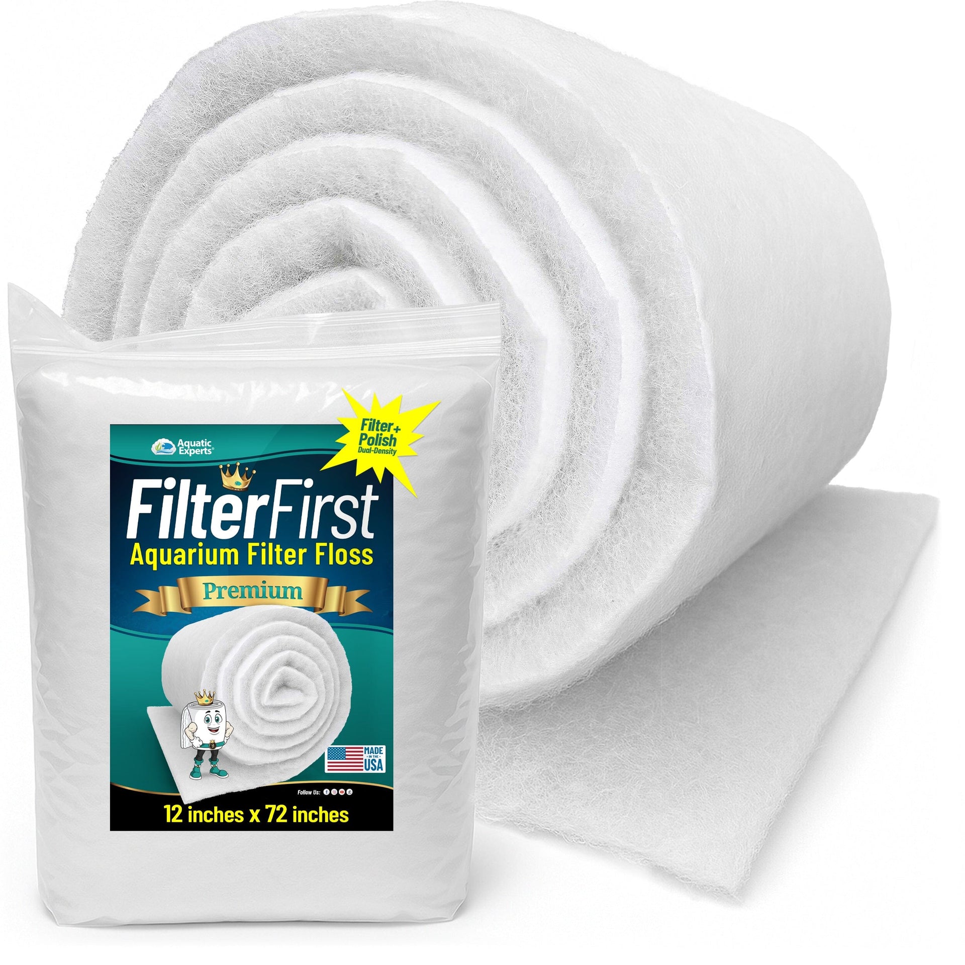 Aquarium Filter Floss for Fish Tank Filters - FilterFirst Pad - Media Roll for Crystal Clear Water Aquatic Experts 3/4" - 1" 12" x 72" 