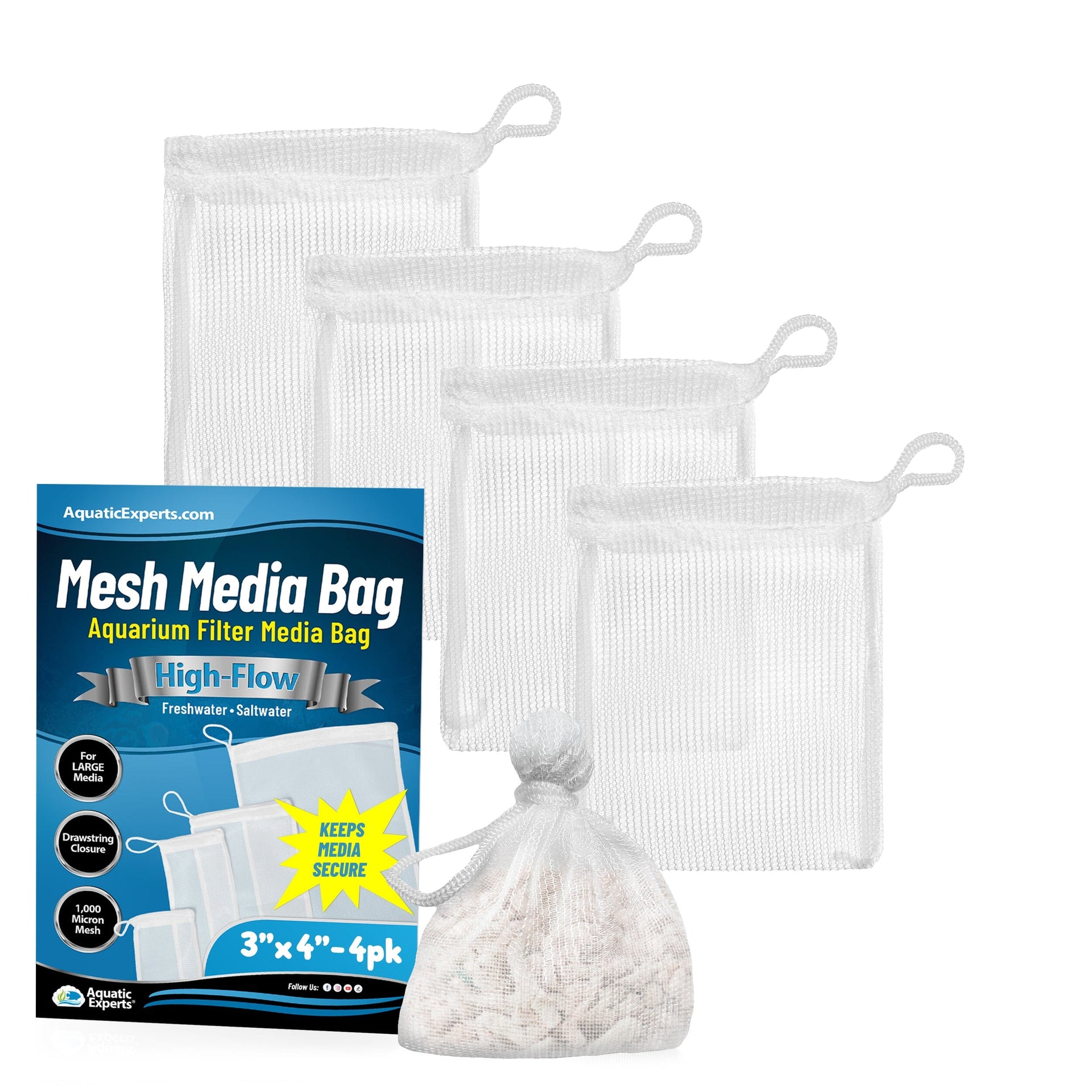 Aquatic Experts Aquarium Filter Bag - High Flow Mesh Media Bags - Ideal for Efficient Aquarium Filtration Aquatic Experts White 3" x 4" 4 Pack