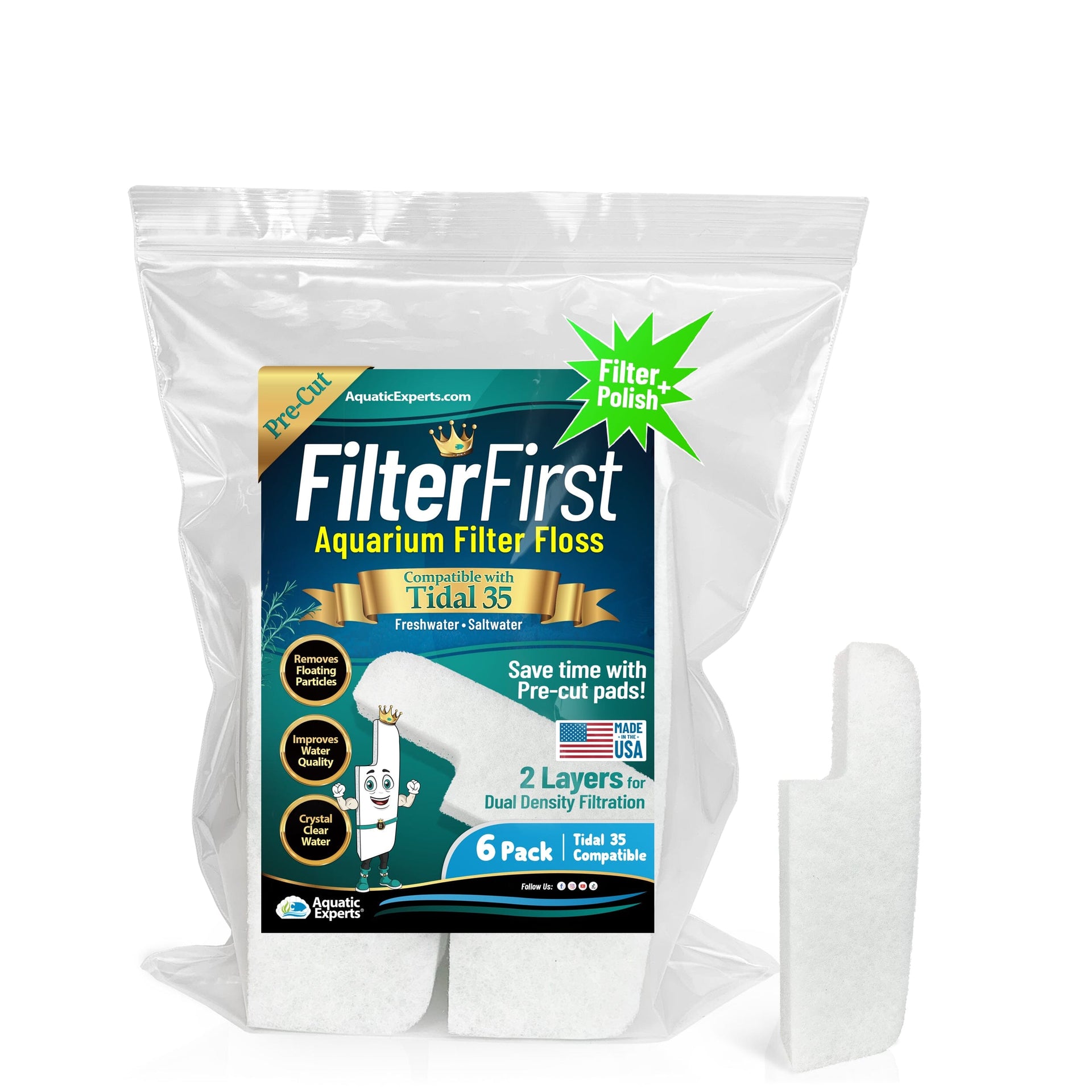 Aquarium Filter Floss for Fish Tank Filters - FilterFirst Aquarium Filter Pad - Media for Crystal Clear Water Aquatic Experts Tidal 35 Compatible - 6 pack 