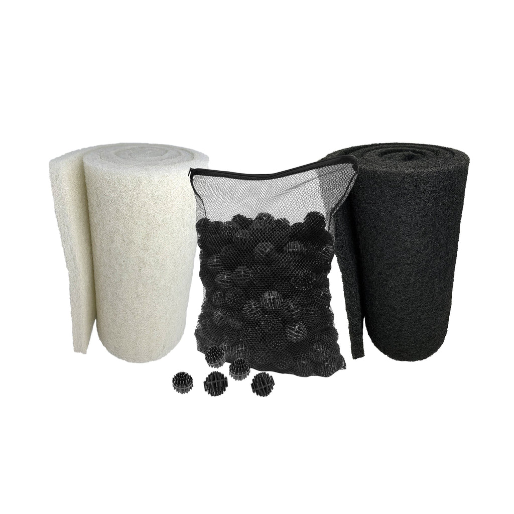 White Fine Filter Pad 12" x 72", Black Coarse FIlter Pad 12" x 72", 300 Count BioBalls with Mesh Bag