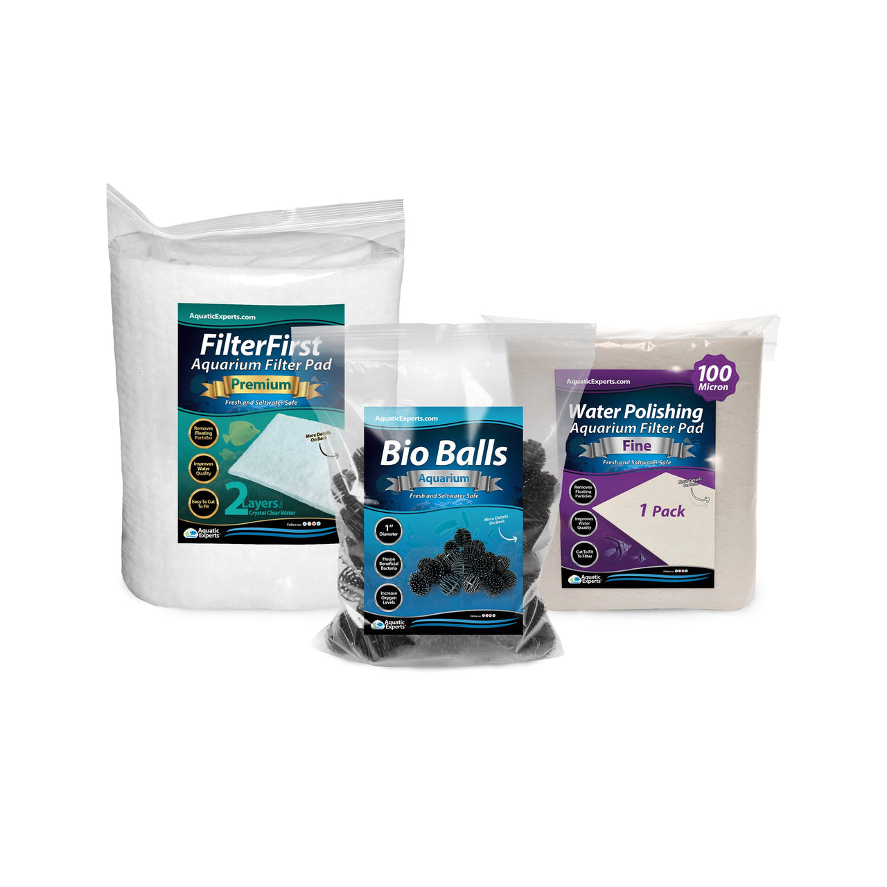1" BioBall 125 count + FilterFirst 12"x72" + Polishing Pad 100 Micron Bundle Bio Balls Aquatic Experts 