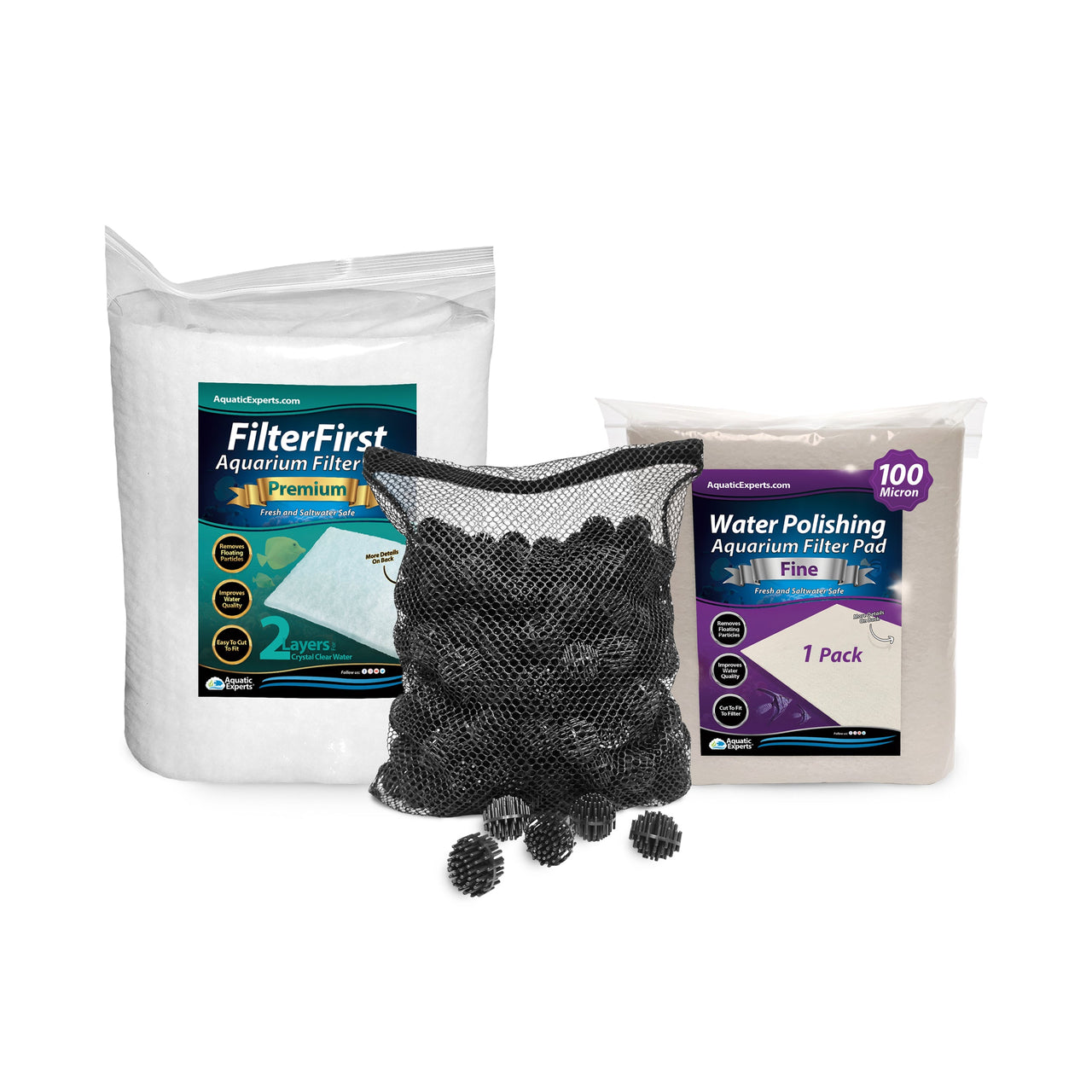 1" BioBall 250 count with Mesh Bag + FilterFirst 12"x72" + Polishing Pad 100 Micron Bundle Bio Balls Aquatic Experts 